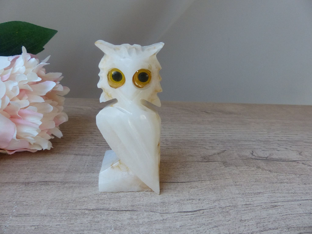 Rare et Ancien Sculpture Figurine Chouette Hibou en Onyx Véritable Fait en Italie Vintage, Hibou Artisanat d'Art en Pierre Hibou collection