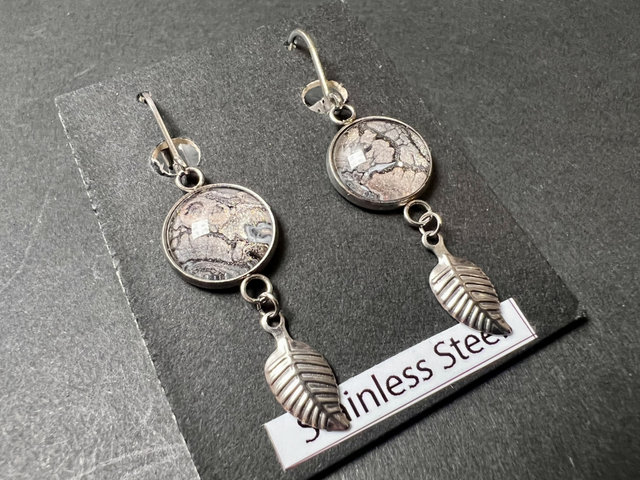 Pink &amp; Black Leaf Dangle Earrings | Stainless Steel