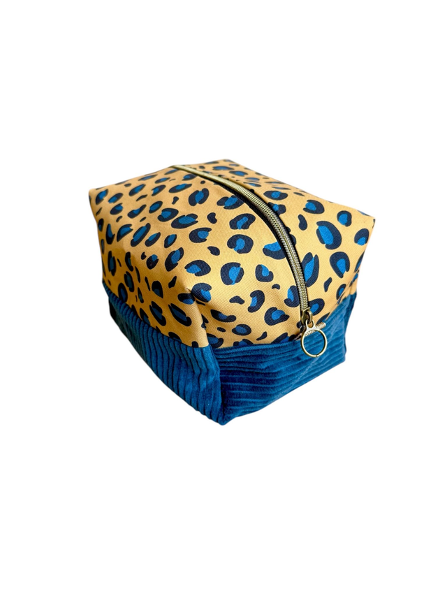 Trousse de toilette carré - tissu intérieur imperméable - LEOPARD velours pétrole + jaune