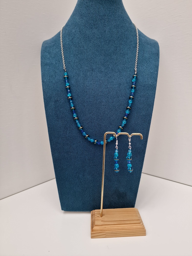 Parure Bijoux Collier Boucles D'oreilles Bleu Doré Argenté