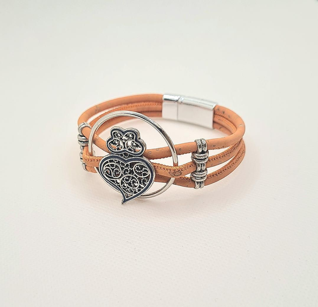 Bracelet 3 rangs en liège teinté orange pâle, anneau et cœur de Viana