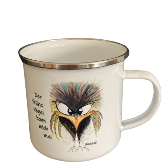 Emailletasse "Spatz - Der frühe Vogel kann mich mal"