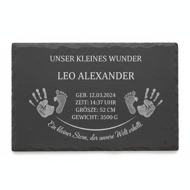 Personalisierte Schieferplatte 20 x 30 cm mit Namen, Geburtsdaten, Gewicht, Größe, Zeit & Hand- und Fußabdruck – Individuelle Lasergravur nach Wunsch
