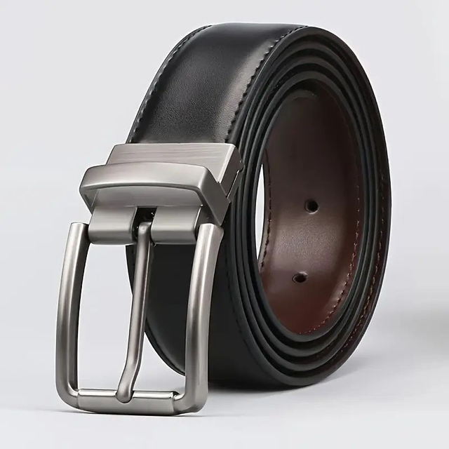 Ceinture Réversible boucle à épingle rotative, port double face noir et café deux en un 110 cm