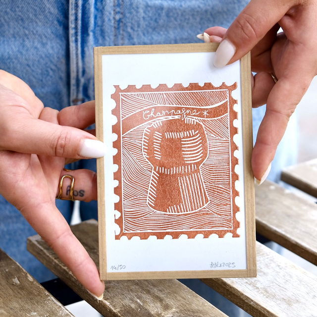 Bouchon de champagne timbré - petite estampe 10x15 encadrée 