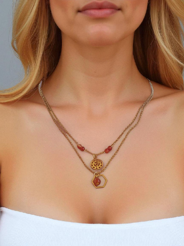 Collier Doré CHAKRA PLEXUS SOLAIRE "Cornaline" &amp; Symbole Sacré – Bijou lithothérapie