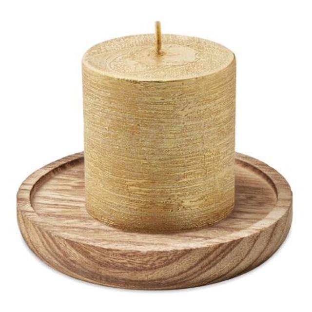 Candle on round wooden base