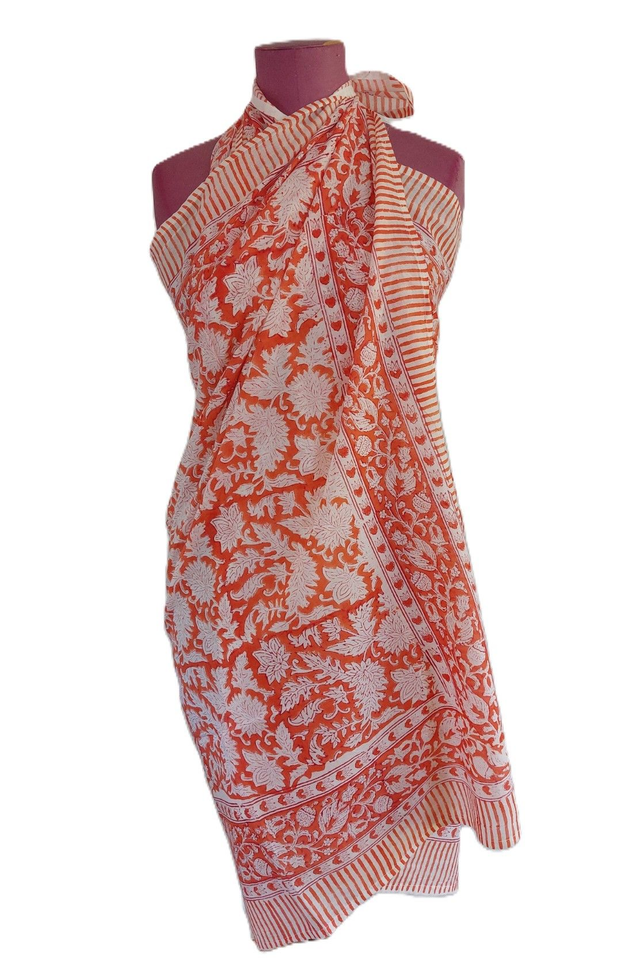 Paréo de plage en coton voile indien imprimé à la main – Motif floral orange et blanc – Étole &amp; châle bohème 