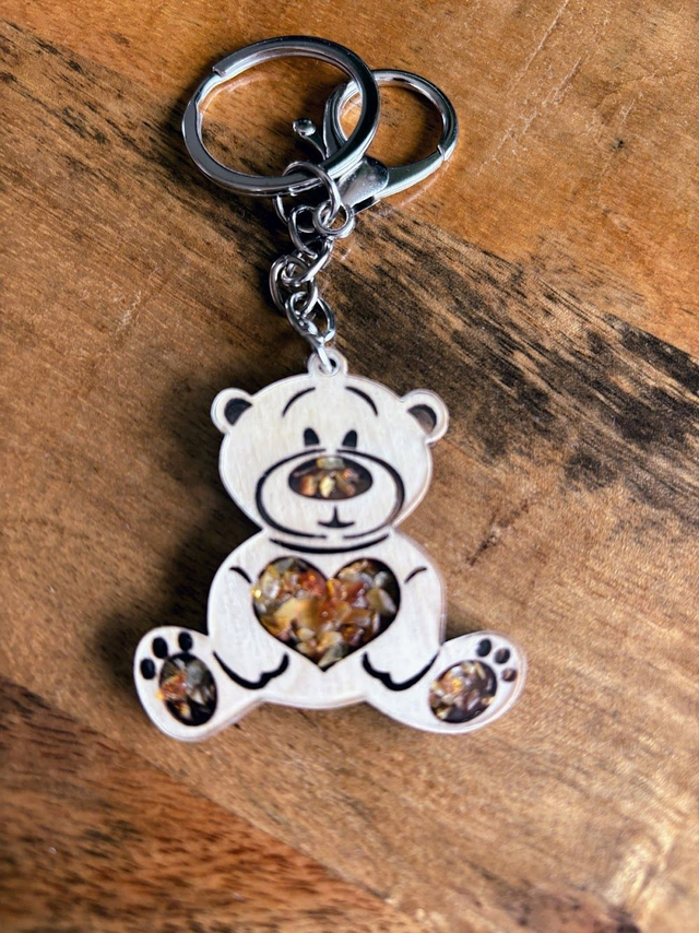 Porte-clés Nounours en bois incrusté d'Ambre