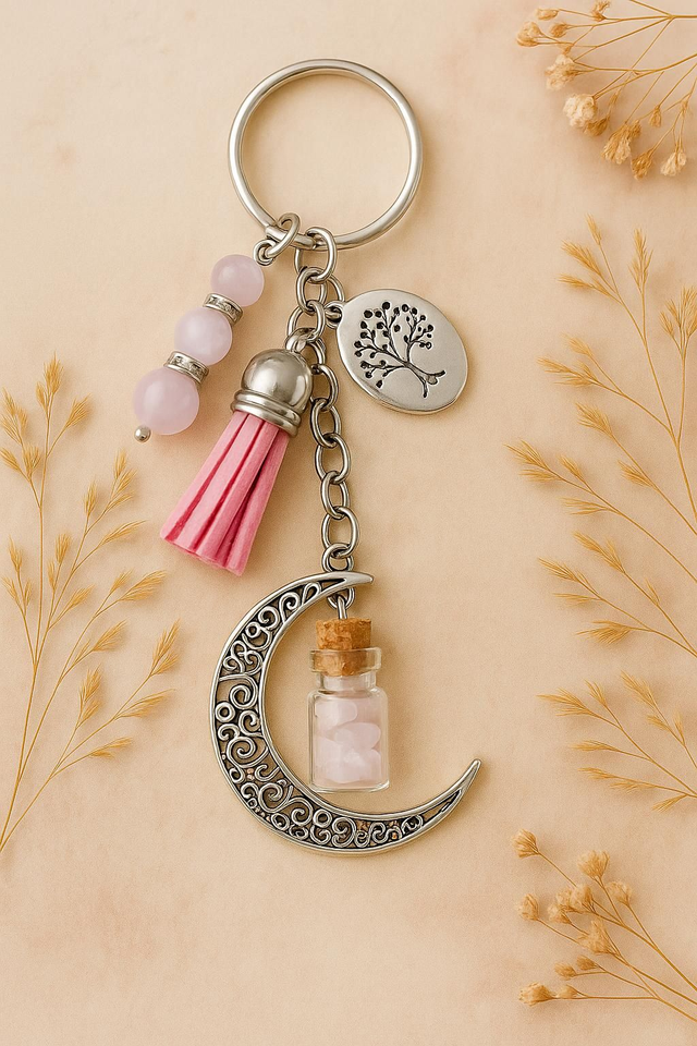 Porte-clé Quartz rose fiole à souhait