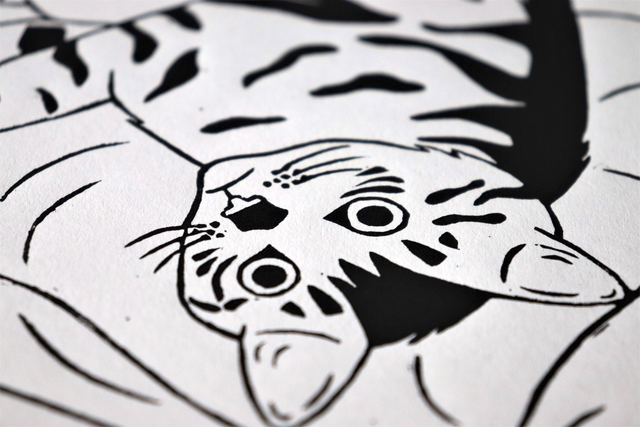 Linogravure A4 chat tigré