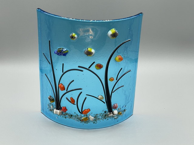 Underwater Tropical Fish Fused Glass Scene on Turquoise