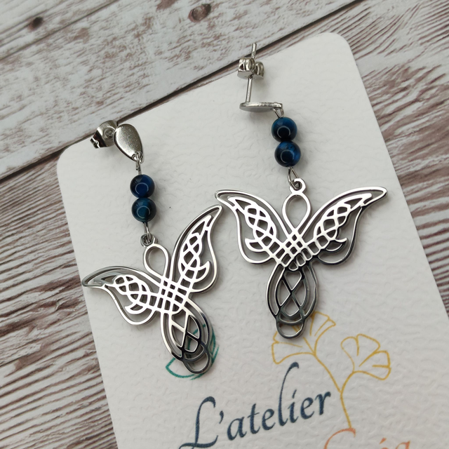 Boucles d'oreilles Anges en Œil de tigre bleu