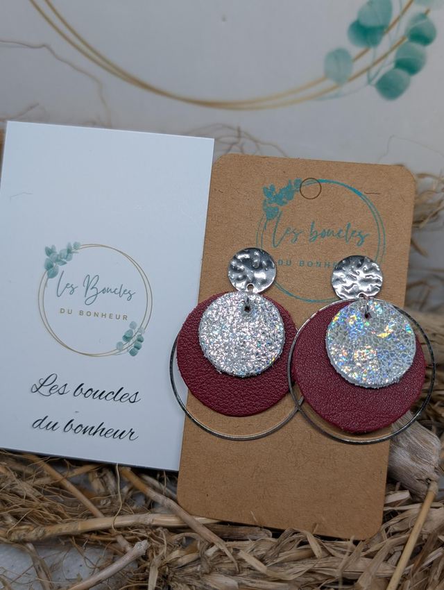Boucles d&#039;oreilles Moon bordeaux argenté e502+