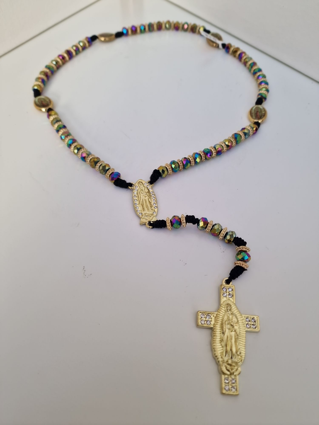 Collier Chapelet Perles Cristal Noires Multicolore Croix Vierge Strass Acier Doré