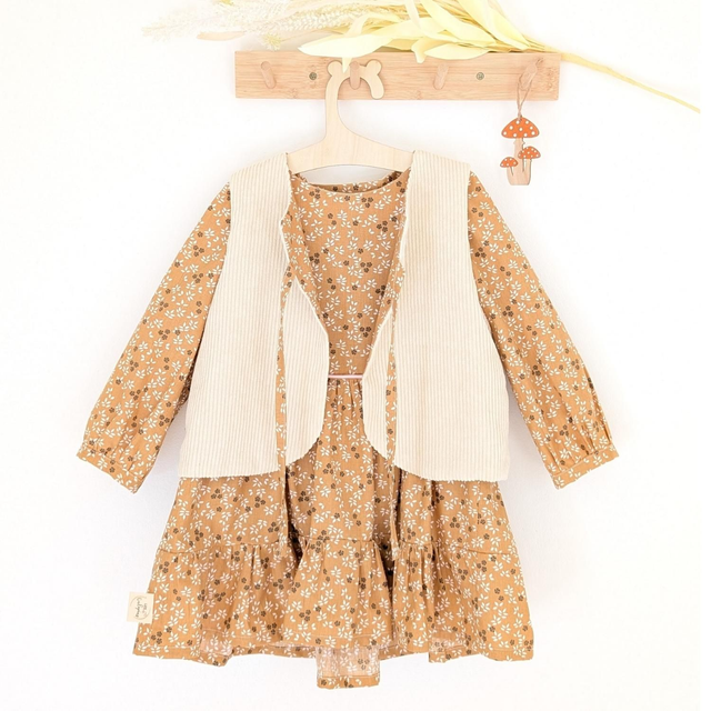 Noël – Ensemble robe + gilet – Taille 2 ans – Tissu coton moutarde à fleurs blanches