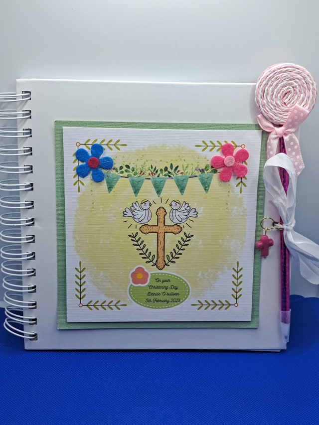 Personalised Christening  and Communion photo album. Scrapbook keepsake book and personalised frame set. 