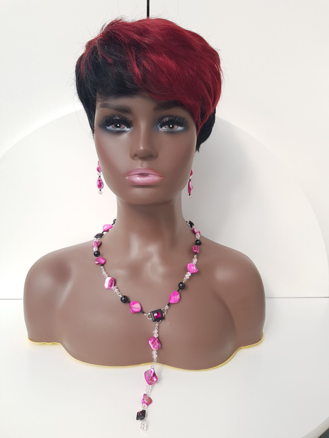 Parure Bijoux Perles Nacre Fushia Perles Noires