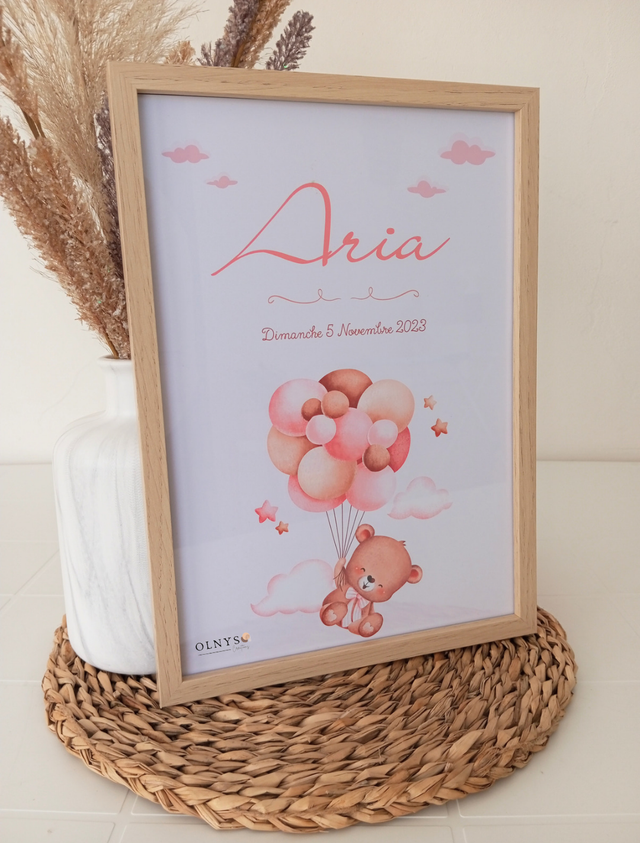 Affiche Naissance Prénom (personnalisable) - Ourson avec ballons