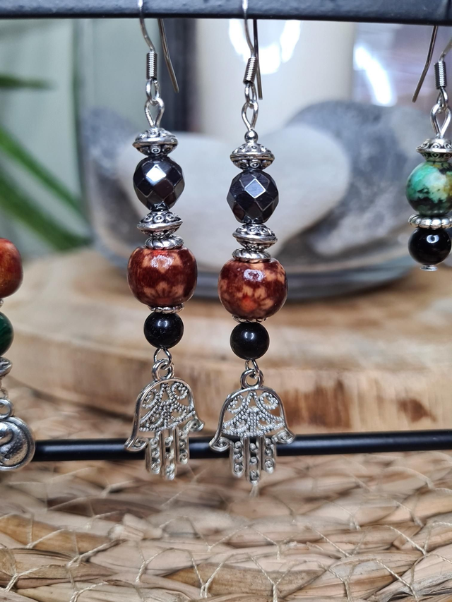 Boucles D'oreilles Hématite, Tourmaline et bois