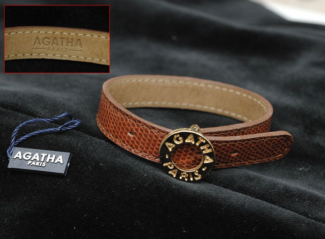 Bracelet cuir marron écailles avec passant doré Vintage Agatha (collector)