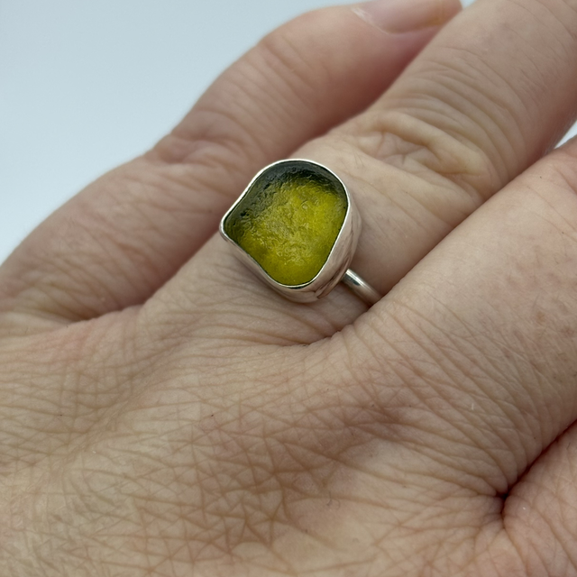 Khaki Seaglass &amp; Recycled Silver Ring Size N