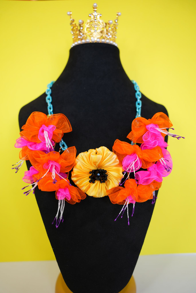  Fuchsia and Yellow Silk Poppy Necklace 