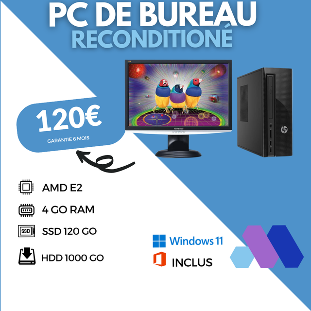[RECONDITIONNE] - PC DE BUREAU + ECRAN AMD E2 - 4Go RAM - SSD 120 Go - HDD 1TO 