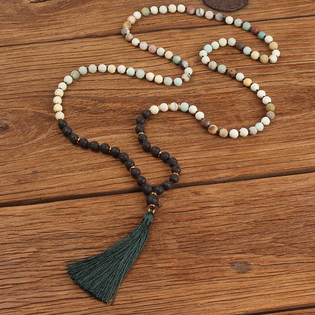 Mala ketting | Amazoniet &amp; Lavasteen | 108 kralen met kwastje | 8mm | Sparkolia