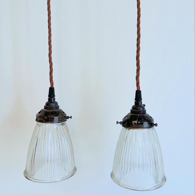 A Pair Of Vintage Pendant Ceiling Lights Adorned With Prismatic Glass Snowdrop Shades