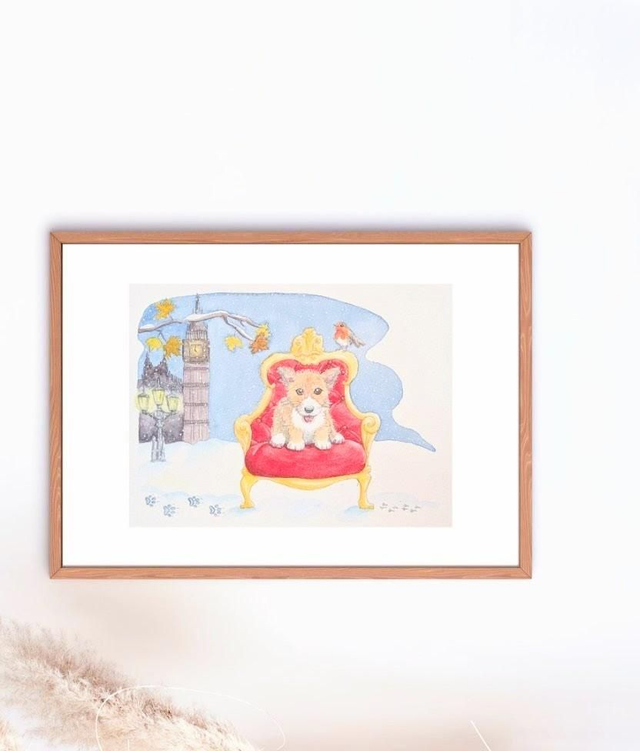 Tableau aquarelle d'hiver corgi en Angleterre - animaux hivernaux du monde