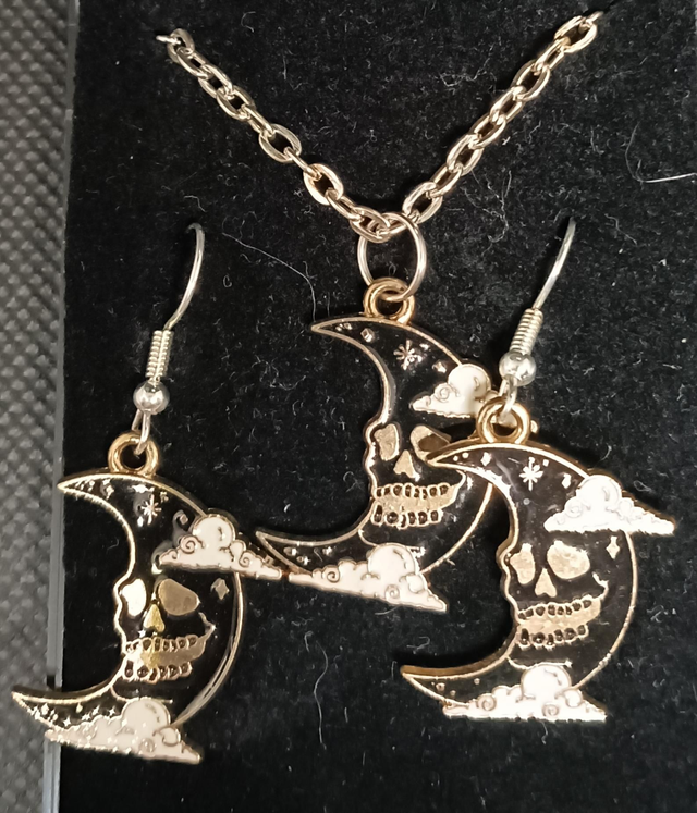 Black Enamel Crescent Moon Earrings and Necklace Set.