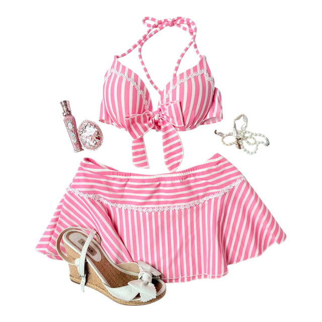 BNWT Pink stripes japanese 3 piece bikini set  