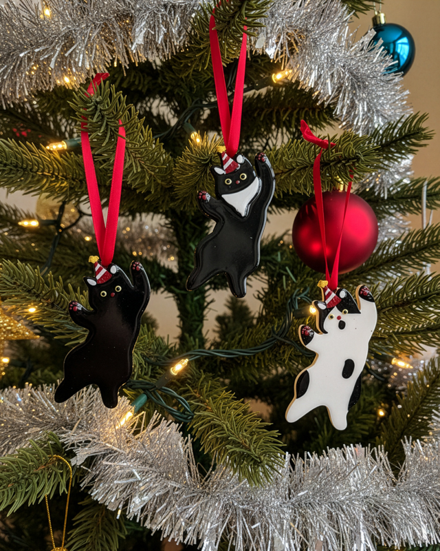 Handmade Climbing Cat Ornament | Black and White Christmas Decoration for Cat Lovers