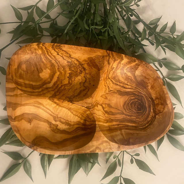 Olive Wood Plate with 3 Sections – Handcrafted Serving Dish for Snacks, Dips & Tapas