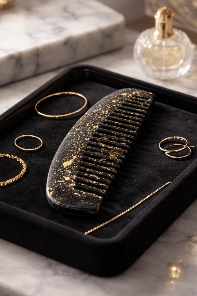 Peigne Dark Grey et feuilles d'or 