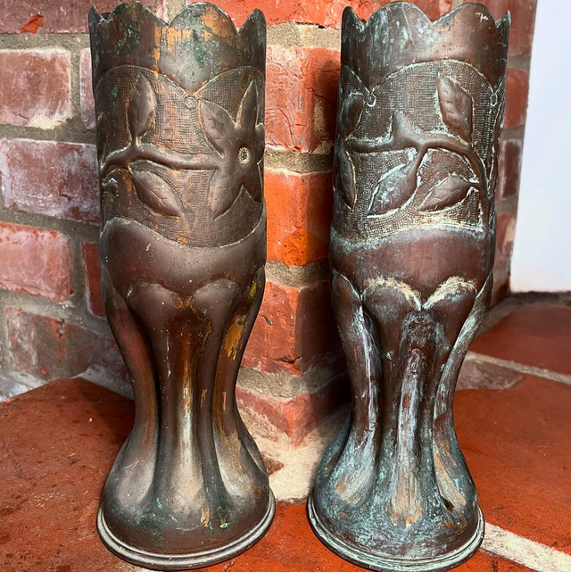 A Pair Of 1917 Dated WW1 Trench Art Vases From The Battles Of Arras & Soissons