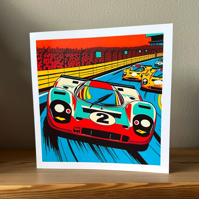 Porsche 917 Pop Art Greeting Card - Retro Race Car Lover's Gift, Vibrant Art Print, Unique Stationery for Auto Fans & Collectors