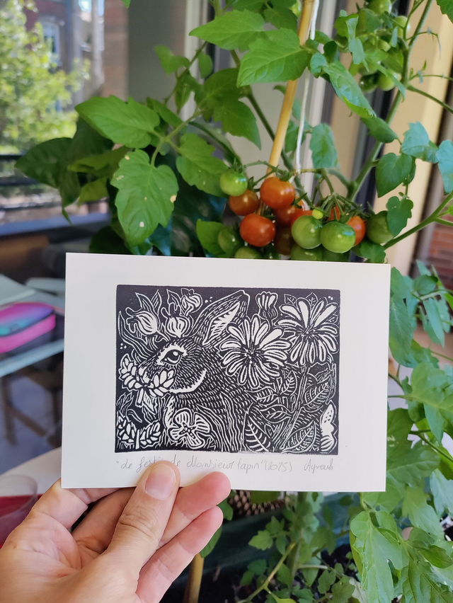 Linogravure/tampon "Le festin de Monsieurs lapin" lapins sauvage format 10X14.5 cm Noir