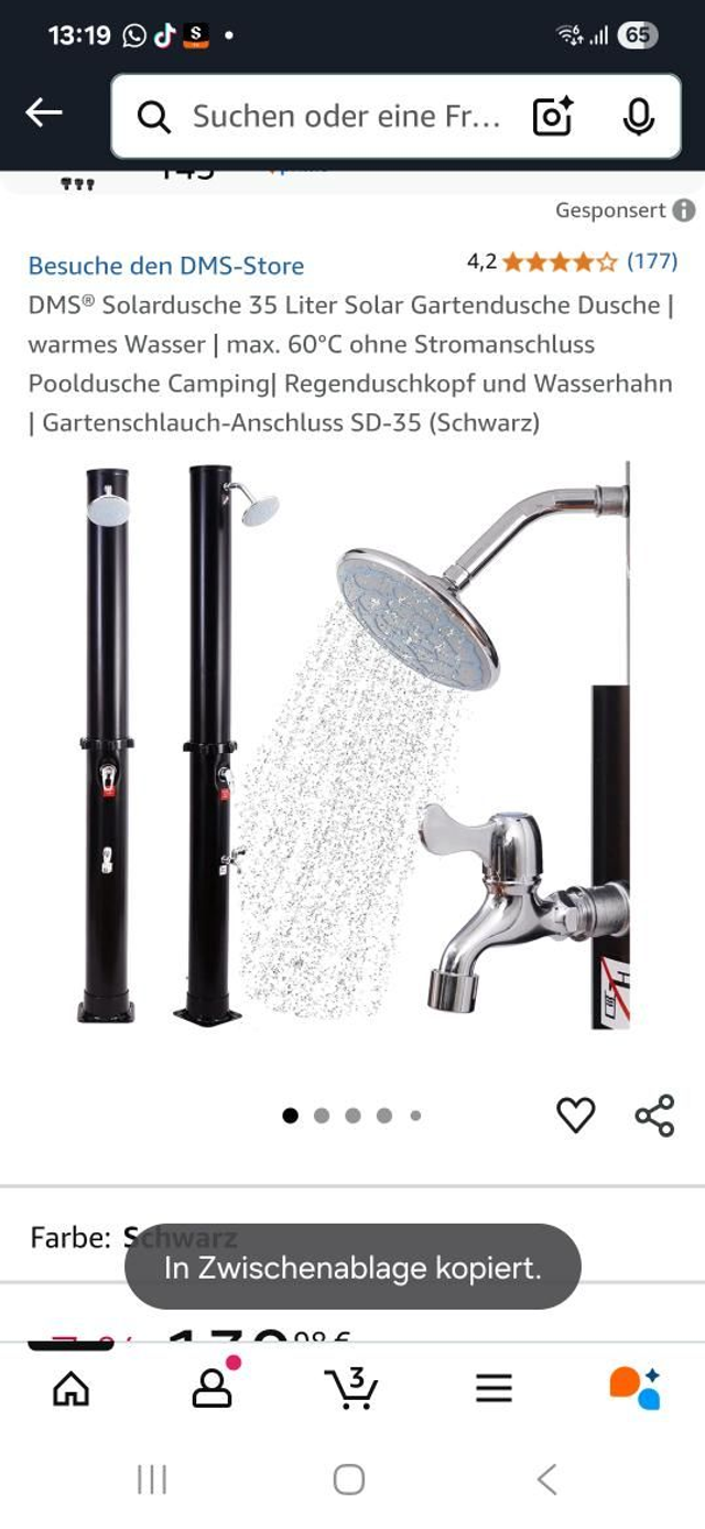 DMS® Solardusche 35 Liter Solar Gartendusche Dusche | warmes Wasser | max. 60°C ohne Stromanschluss Pooldusche Camping| Regenduschkopf und Wasserhahn | Gartenschlauch-Anschluss SD-35 (Schwarz)

