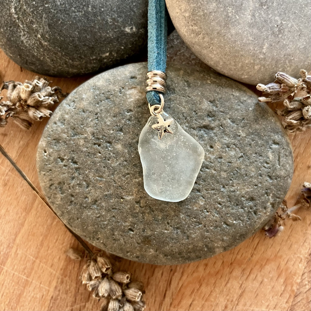 Cornish Sea Glass &amp; Silver Star Pendant