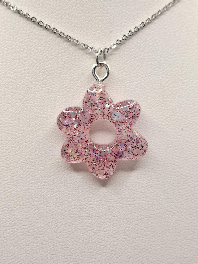 Delicate pink glitter resin flower pendant