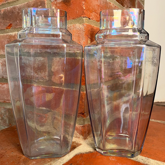 A Pair Of Iridescent Glass Vintage Vases In The Manner Of Art Deco