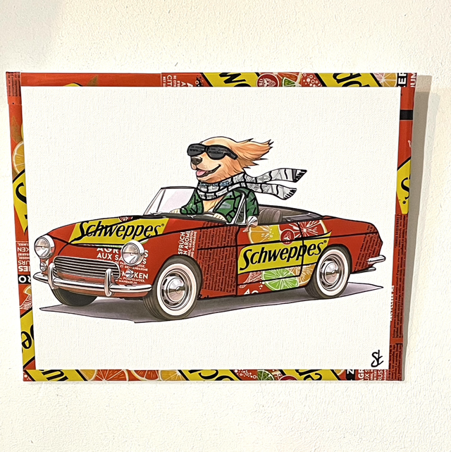 Tableau chien en voiture décapotable 