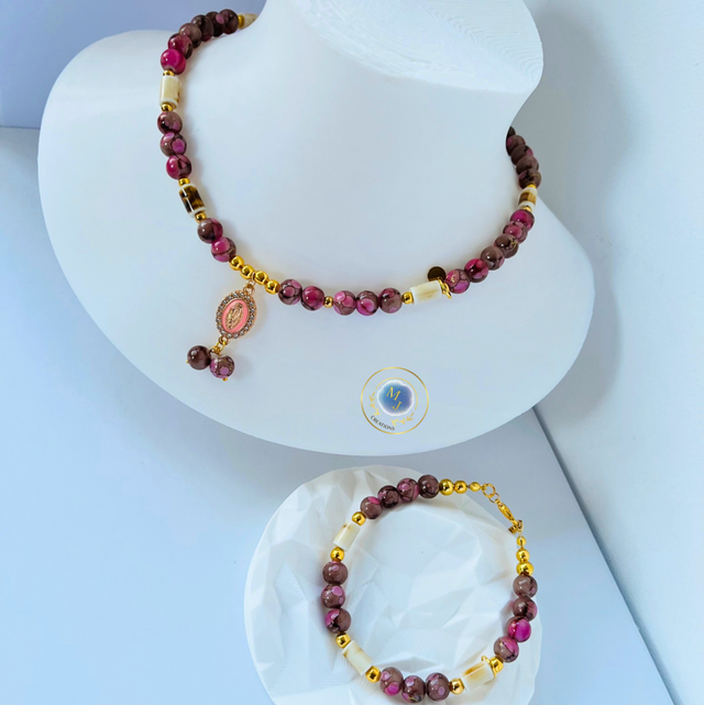 Handgemaakte Ketting & Armband Set met Roze-Paarse Kralen en Hanger – Goudkleurig | MJ Creations