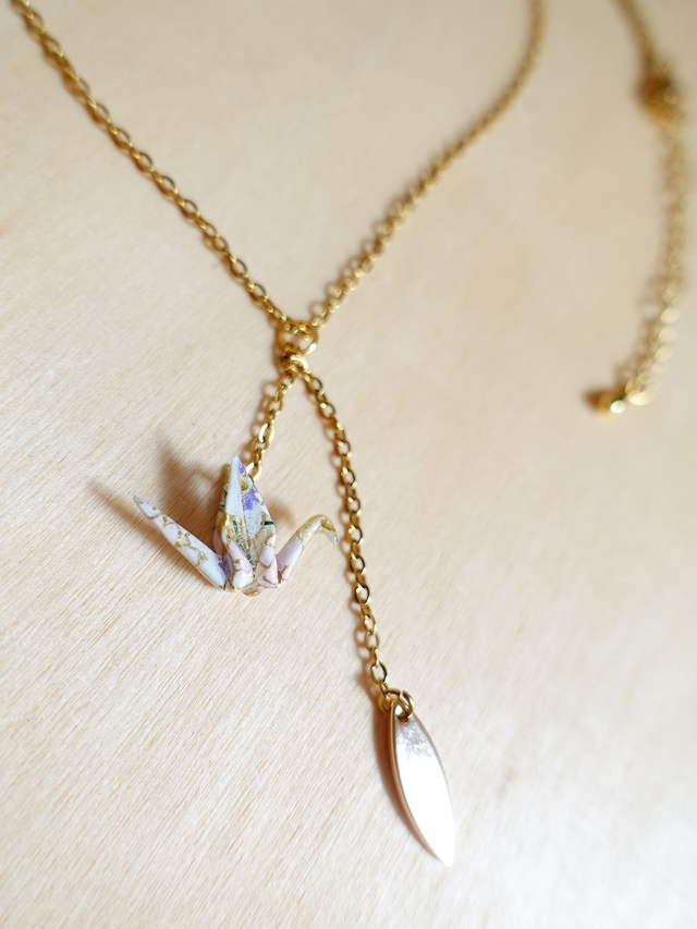 Collier origami / INOX doré / Origami grues, oiseaux / Papier japonais washi / Rose, mauve, or / 