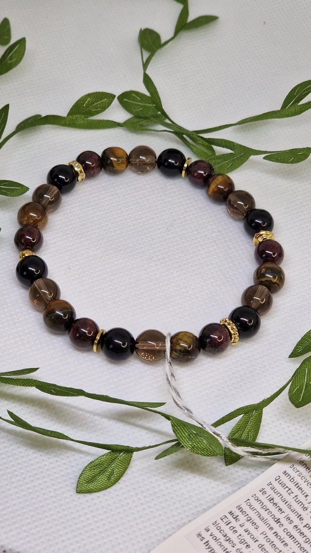 Bracelet Grenat, Quartz fumé, Tourmaline noire, Œil de tigre en 0,8 cm
