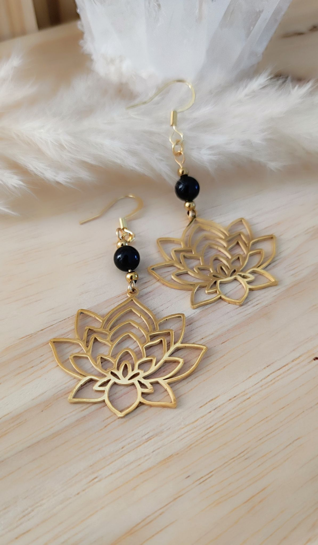 Boucles d'oreilles Fleur de lotus et Obsidienne dorée