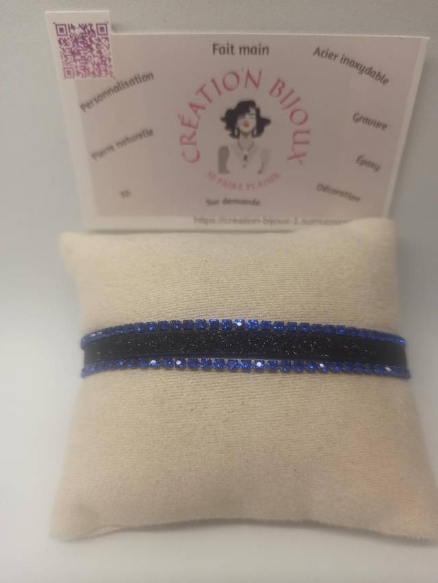 Bracelet similicuir noir et strass Bleu 