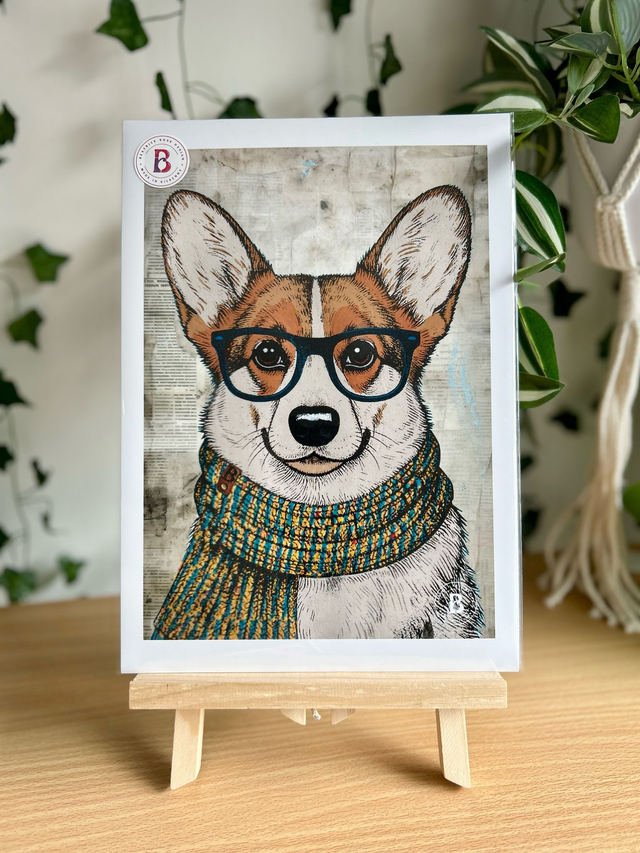 Corgi Dog In Glasses Mixed Media Art Print A4